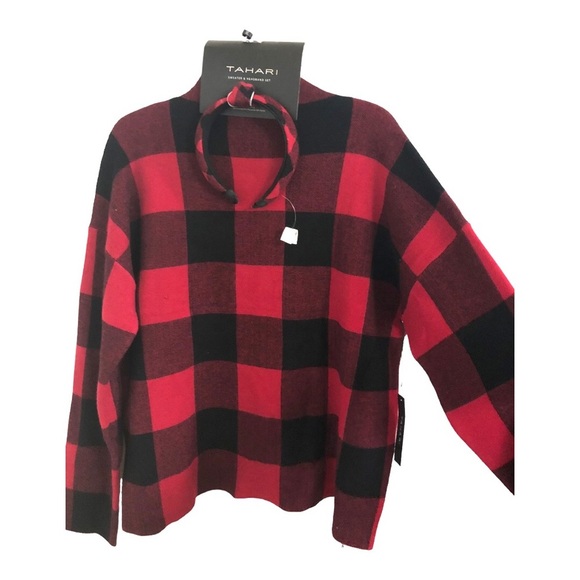 Tahari red & black plaid look mock neck sweater &‎ knotted headband size XL new - Picture 8 of 11